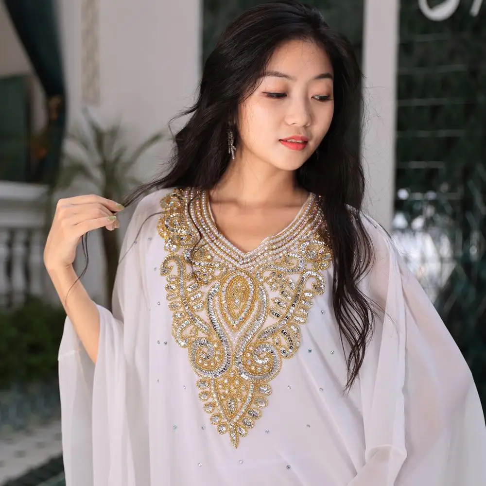 2021 Traditional Khaleeji Thobe Dress White/Gold Belly Dance Clothes Kaftan Dresses Rhinestone Beads Competition Khaleegy Gown