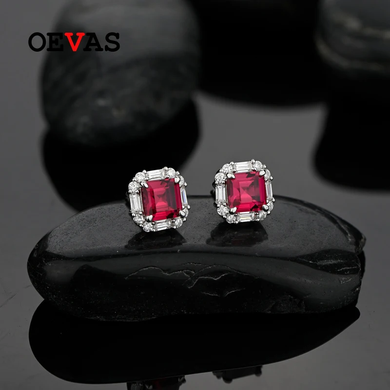 

OEVAS 100% 925 Sterling Silver 6*6mm Ruby High Carbon Diamond 18K Gold Plated Stud Earrings For Women Sparkling Fine Jewelry