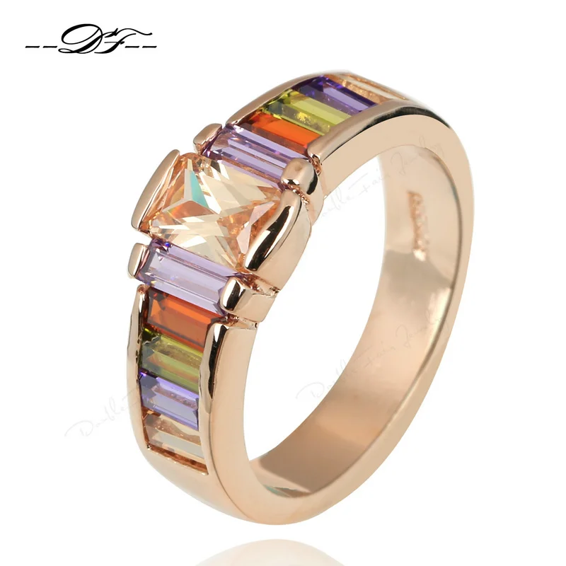 Double Fair Multi-color Rhinestone Party Finger Ring HotSale Rose Gold Color Crystal Fashion Brand Jewelry For Women DFR307