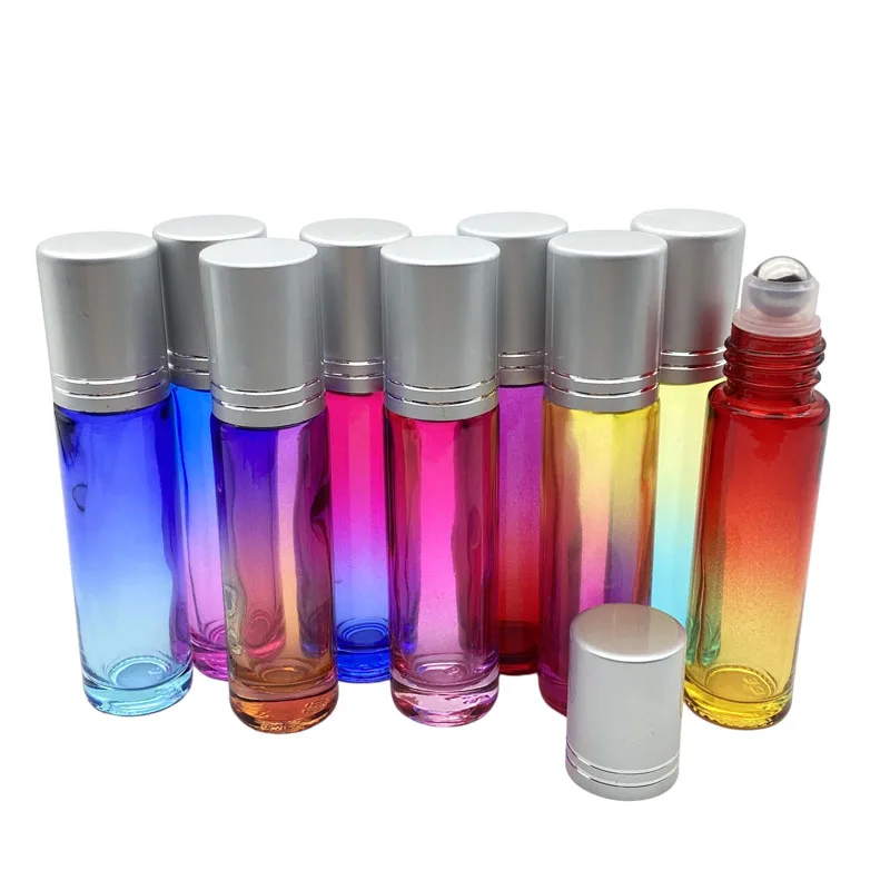 

10pcs Empty Thick Gradient Color Glass Roll On Essential Oil Parfum Bottles 10ml Roller Ball Vial With Silver Cap