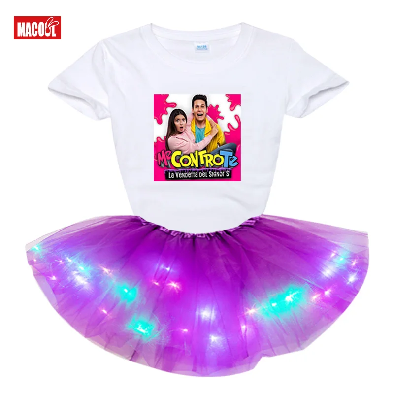 Girls Clothing Sets 2Pcs Casual Me Contro Te Girls Sets Princess Light LED Tutu Dress+t Shirt 2020 Summer Costume Clothes Cotton