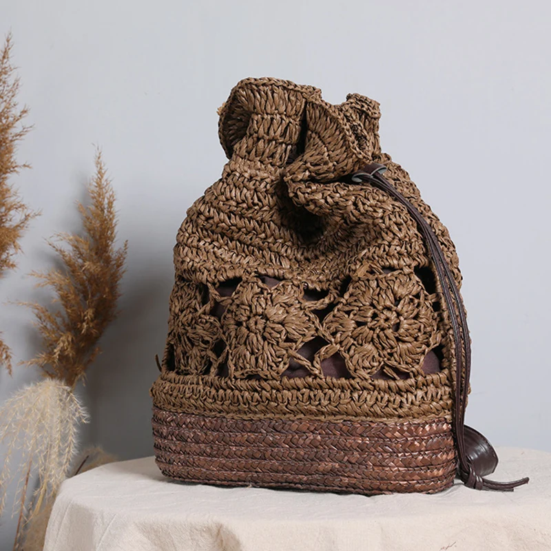 Sac à dos bohémien en raphia pour femmes, sacoche d'été en paille ajourée, seau tressé au Crochet, vacances 2021