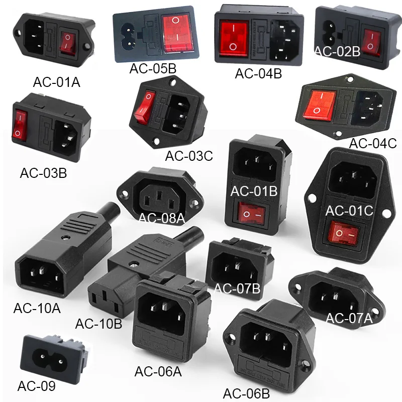 TV Computer Phone Socket LED 3Pin IEC320 C14 250V Rocker Switch Brass 10A Fuse Female Male Inlet Plug Pin Connector Accessories