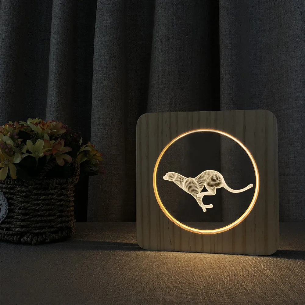 Running Leopard Animal 3D LED Arylic Wooden Night Lamp Table Light Switch Control Carving Lamp for Children's Room Decoration