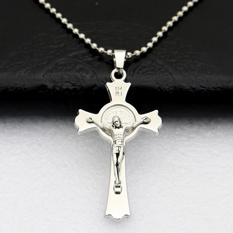 New Arrival Catholic Christ Jesus Saint Benedict Icon Steel Color Cross Religious Necklace Pendant Car Keychain Pendant