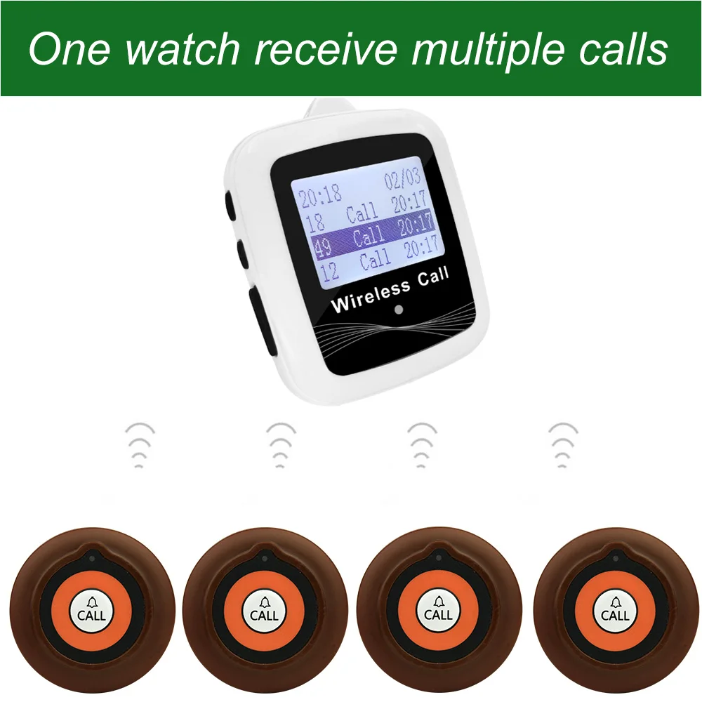 JINGLE BELLS Wireless Restaurant Calling System 20 Call Button 4 Watch Receiver for Hospital Cafe, Bar Hotel Call Bell Pager