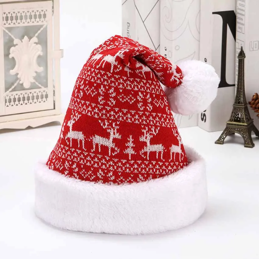 Soft Warm Crochet Knitted Hat Adult Christmas Caps Fabric Merry Xmas Santa Plush Warm Hats for Christmas Party