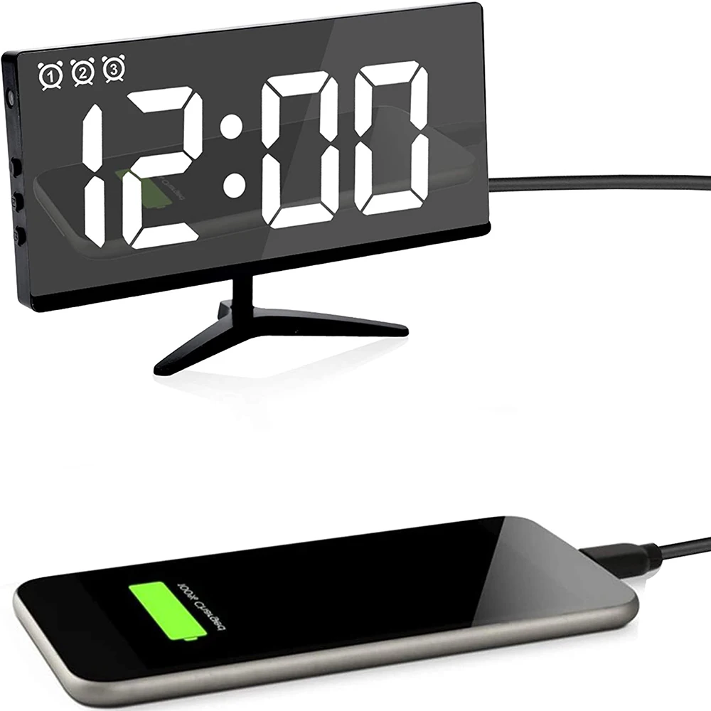 

Digital Alarm Clock with LED Mirror, Multifunction Snooze Display, Time, Night, LCD Light, Table, Desktop, USB Cable