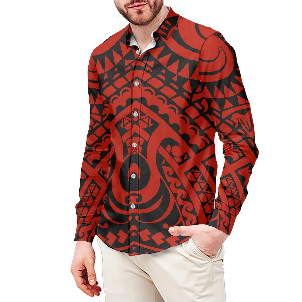 

HYCOOL High Quality Polyester 6xl Tribal Print Shirts For Men Polynesia Red Dress Shirt Men Fashion Casual Long Sleeve Shirt Men