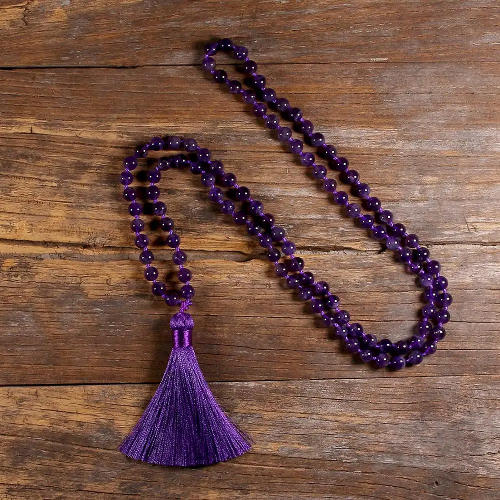 Natural Stone 108 Mala Necklaces For Women Female Knotted  Payer Long JapaMala Purple Tassel Necklace Yoga Jewelry 8MM