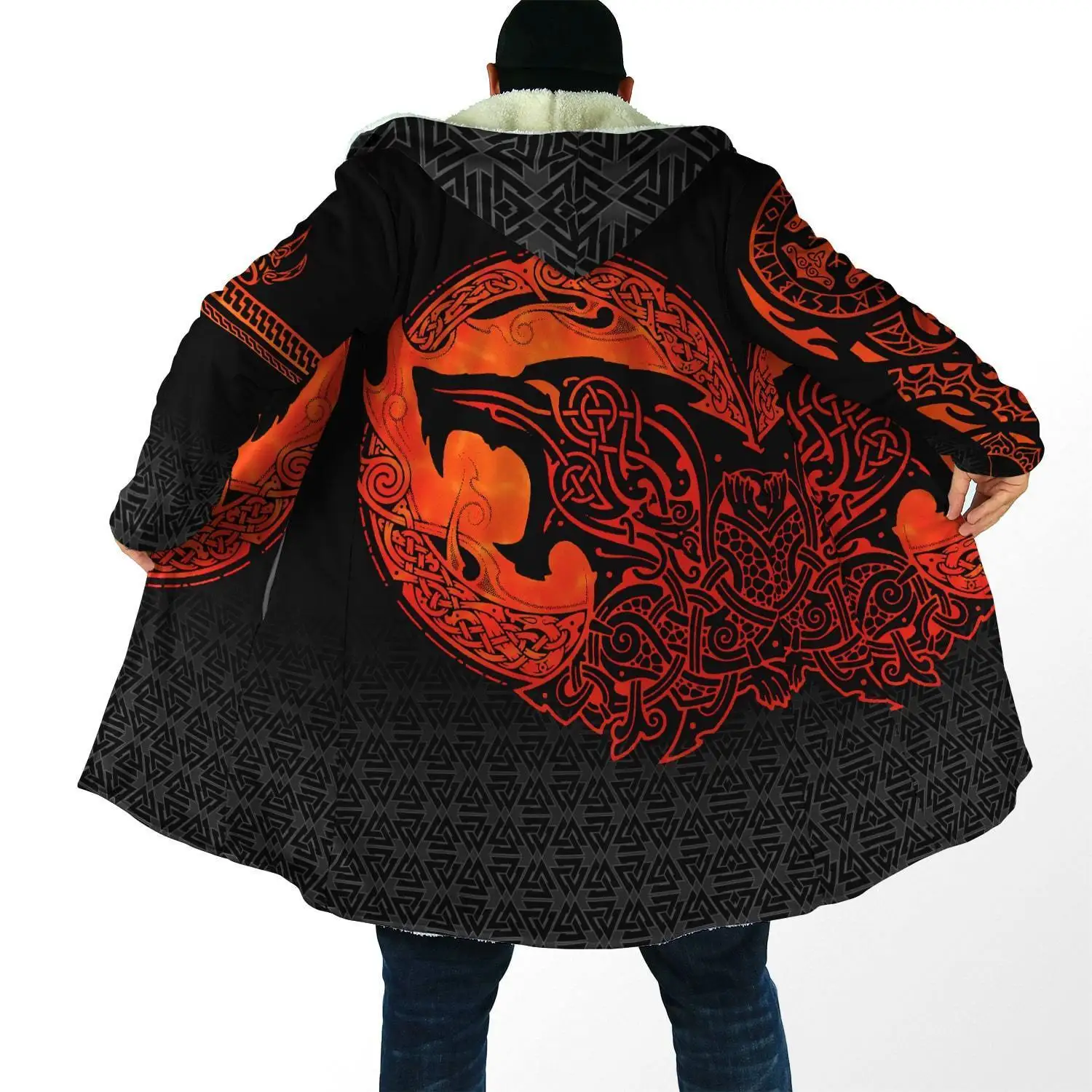 

Winter Mens Hooded cloak Fenrir Wolf and Dragon Tattoo 3D Printing Fleece wind breaker Unisex Casual Thick Warm Hood cloak PF21