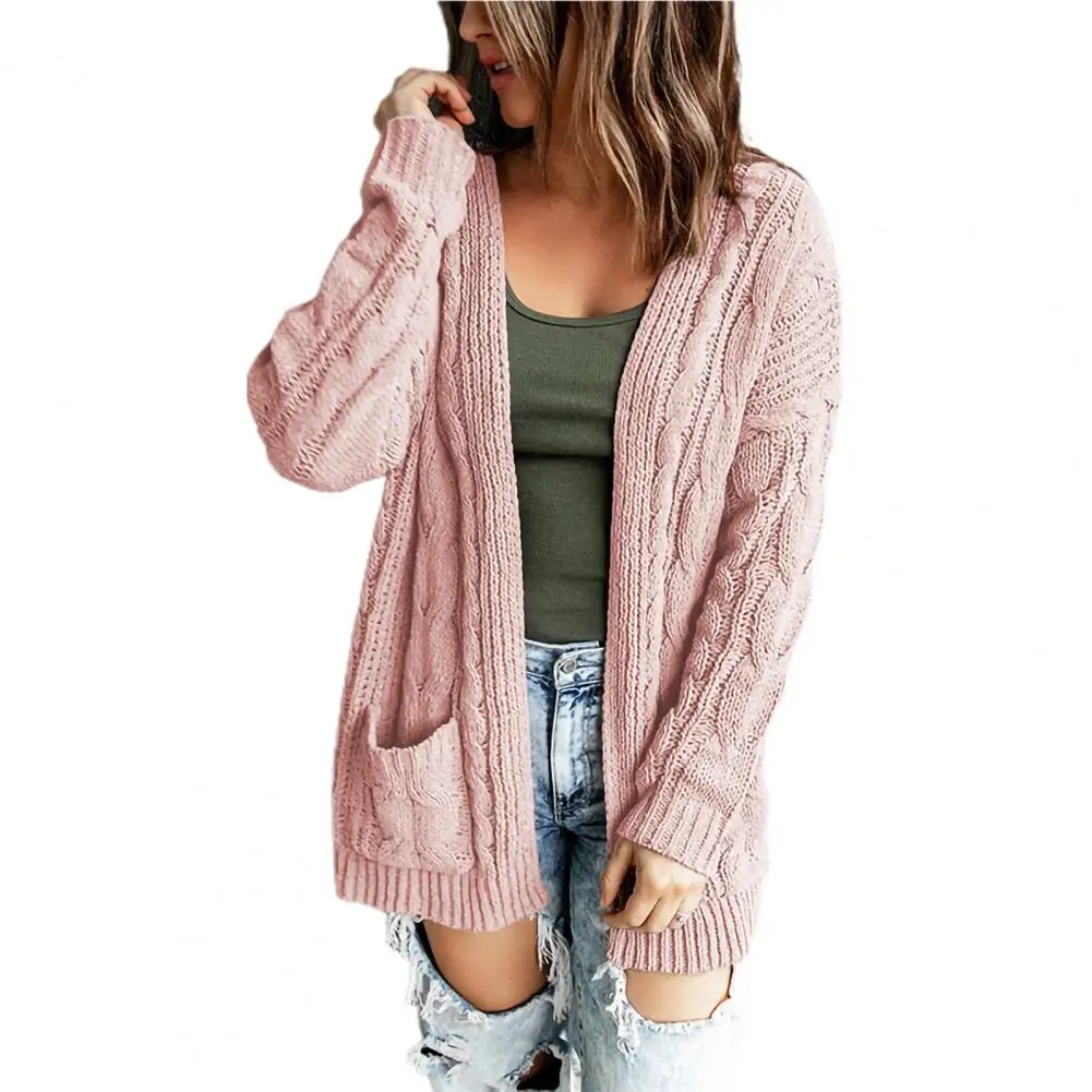 Women Sweater Coat Twist Pattern Loose Autumn Winter Warm Pure Color Cardigan for Daily Wear