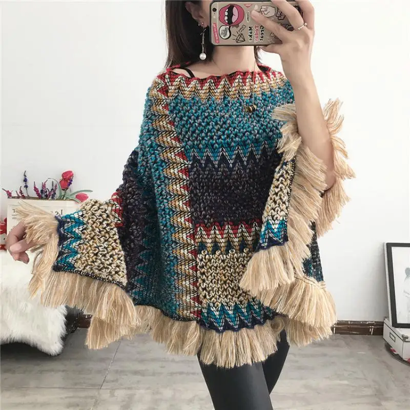 Swyivy Pullover Women Knitting Poncho Capes Autumn New 2020 Female Fashion Bohemian Poncho Cloak Tassel Winter Clothing