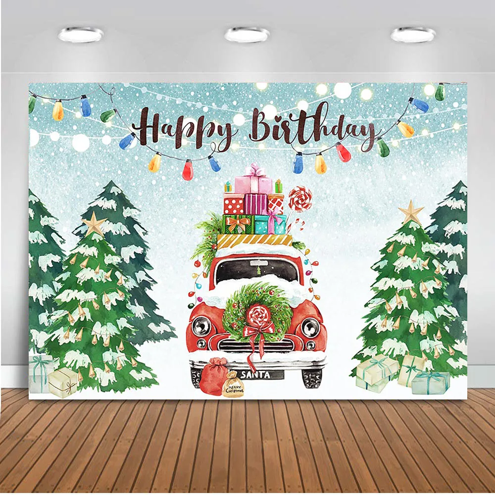 

Happy Birthday Winter Wonderland Snowflake Background for photo studio Christmas Tree Backdsrop for photography Car navideños