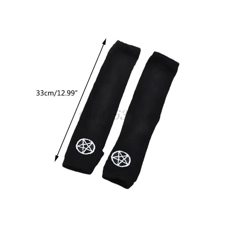 Gothic Harajuku Punk Style Black Cross Half Finger Long Glove Women Knit Length Sleeve Fingerless Gloves Streetwear