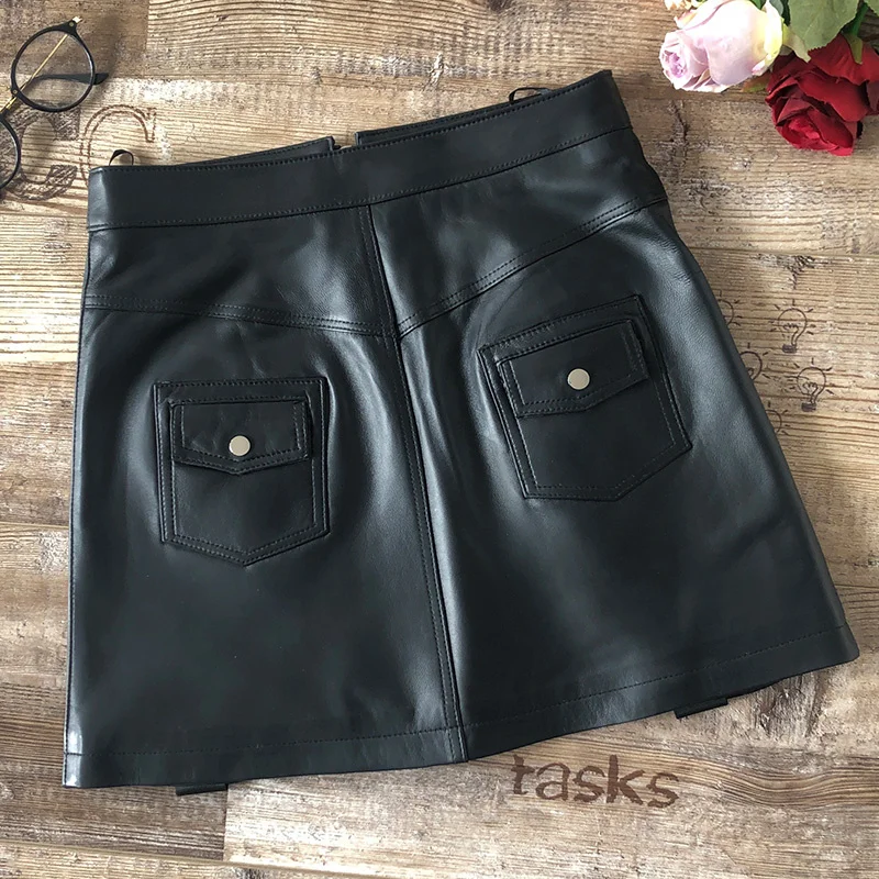 Genuine Punk Leather Mini Skirts Women Street High Waist A-Line Work Skirts Black Front Zipper Casual Sheepskin Wrap Skirts