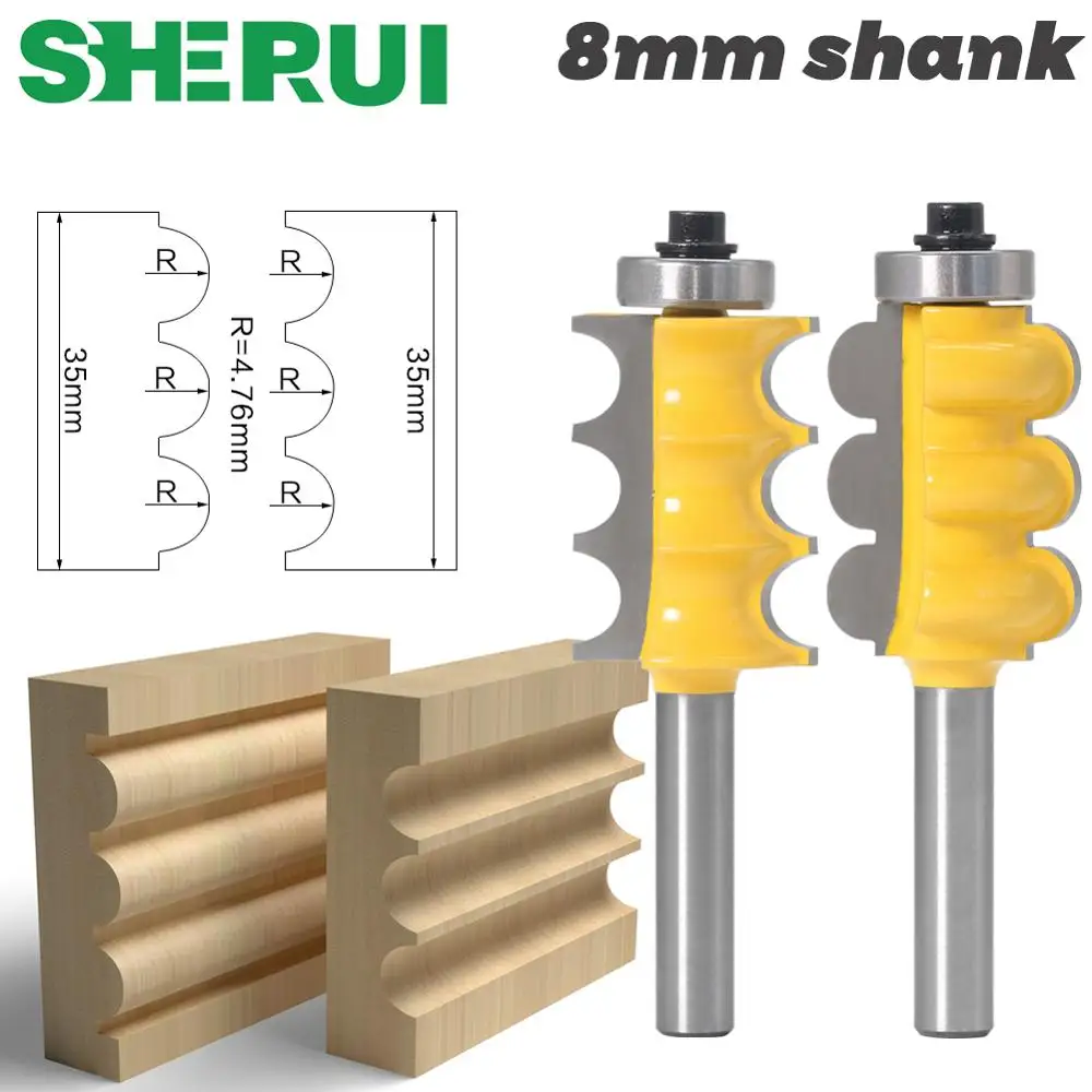 SHERUI 2PC 8mm Shank Triple Bead & Triple Flute Large Molding Router Bits Set Line knife Woodworking cutter