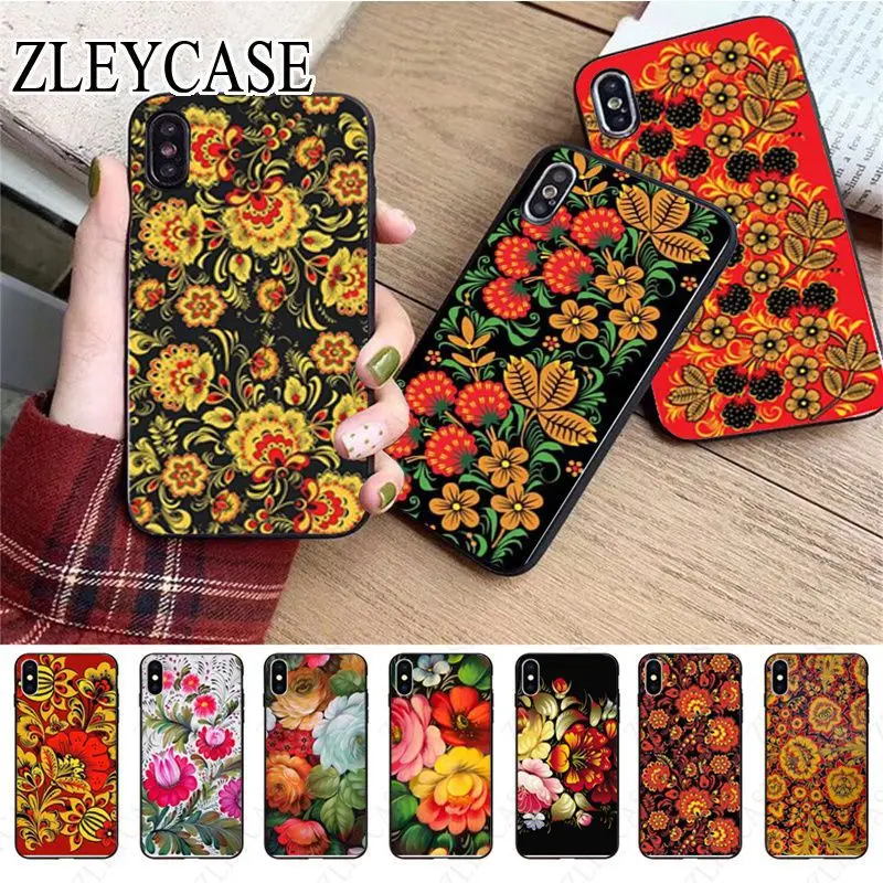 Khokhloma Russian Pattern Flowers Phone Case For iphone 13pro 14pro 15pro 12pro 11pro xs max 78 XR 12mini 15plus 13mini SE Coque