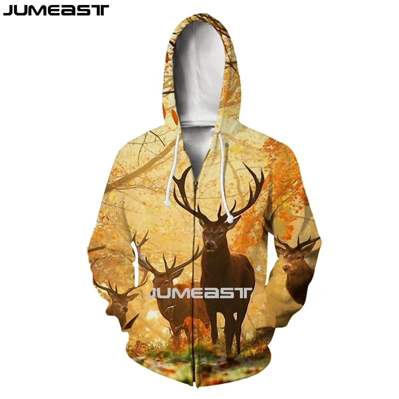 

Jumeast, мужские и женские 3D толстовки, охотничий олень, пальто оверсайз, уличная одежда, Harajuku, повседневная куртка, пуловер, весенние толстовки на молнии