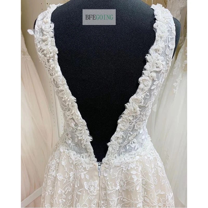 Robe de mariée trapèze en Satin ivoire, en dentelle, sans manches, col en v, longueur au sol, sur mesure