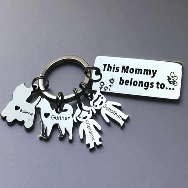 PolishedPlus Personalized Family Name Keychain Pet Dog Cat Baby Figure Charm Custom Nameplate Keyring Jewelry Mother\'s Day Gift