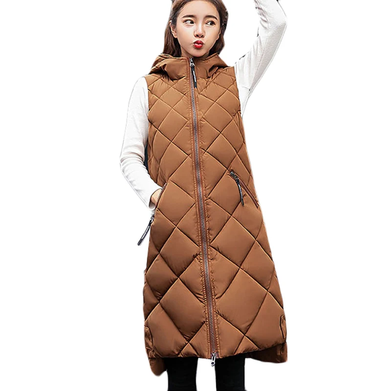 Women's Casual Long Down Cotton Vest, Windproof Parka, Hooded Overcoat, Cold Warm Waistcoat, Fashion, New, 85kg, Autumn, Winter