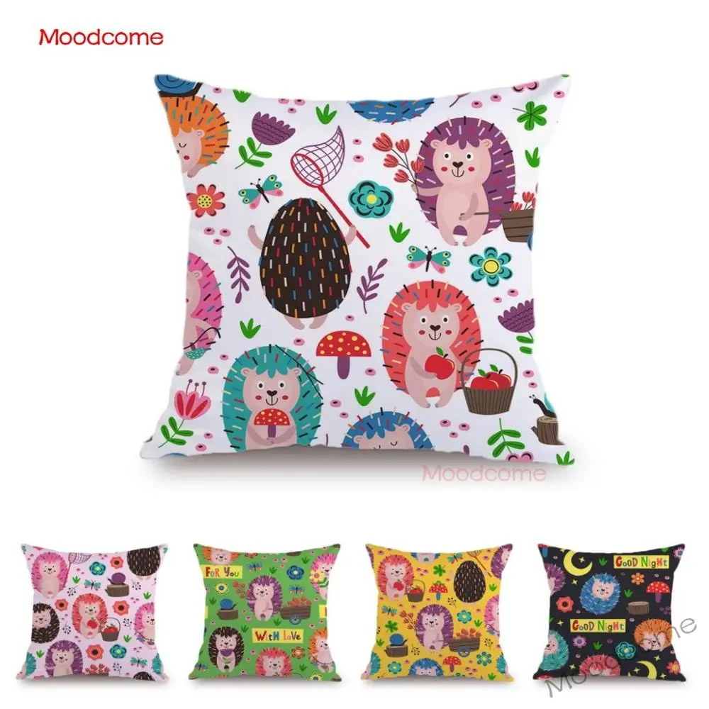 Cute Infant Cartoon Baby Nursery Art Animal Hedgehog Sofa Bed Throw Pillow Cover Soft Velvet Lovely Colorful Pink Cushion Cover