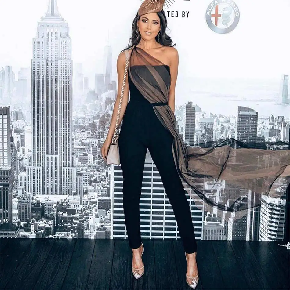 2021 neueste Bandage Overall Frauen Ärmellose Liebsten Mesh Schwarz Sexy Club Promi Party Bodycon Volle Länge Overall Frauen