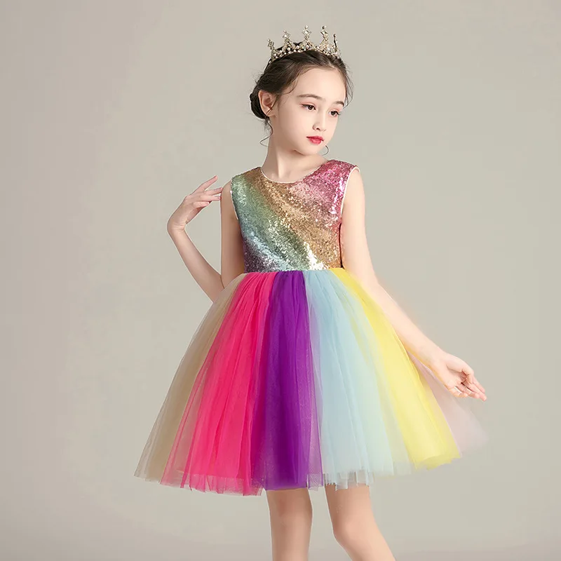 Rainbow Sequins Tutu Dress for Kids Girl Backless Sleeveless Tulle Dress Girls Clothes 3-12Y Colorful Girl Birthday Party Dress