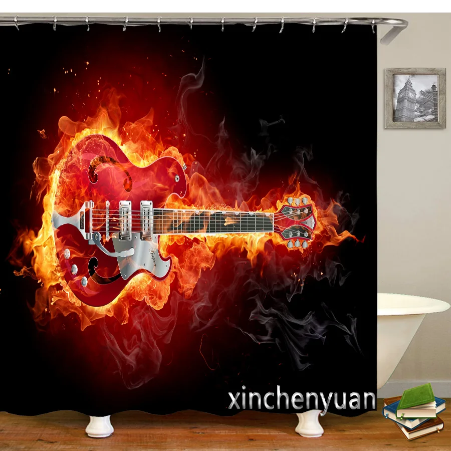 New Creative Musical Instrument Guitar Waterproof Bathroom Curtain 3d Printed Fabric with Hooks Decoration Shower Curtain M34