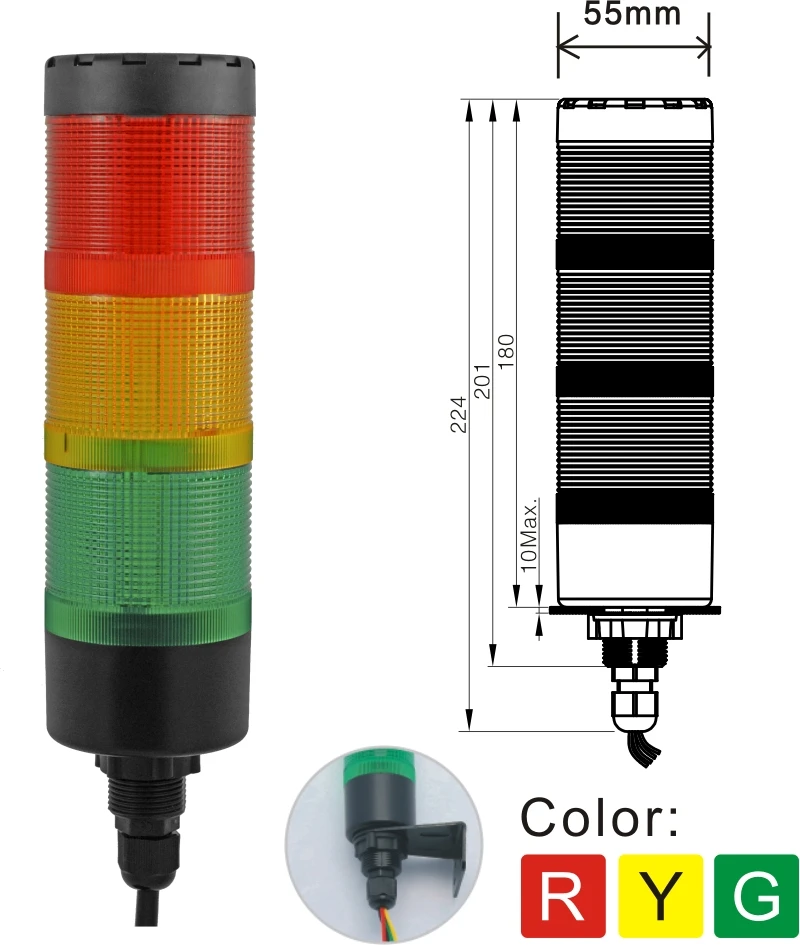 ELEWIND 55 มม.ไฟสัญญาณทาวเวอร์ 3 ชั้นพร้อมไฟแฟลชพร้อม Buzzer หรือไม่มี Buzzer (YWJD-55D/3/RYG/24V)