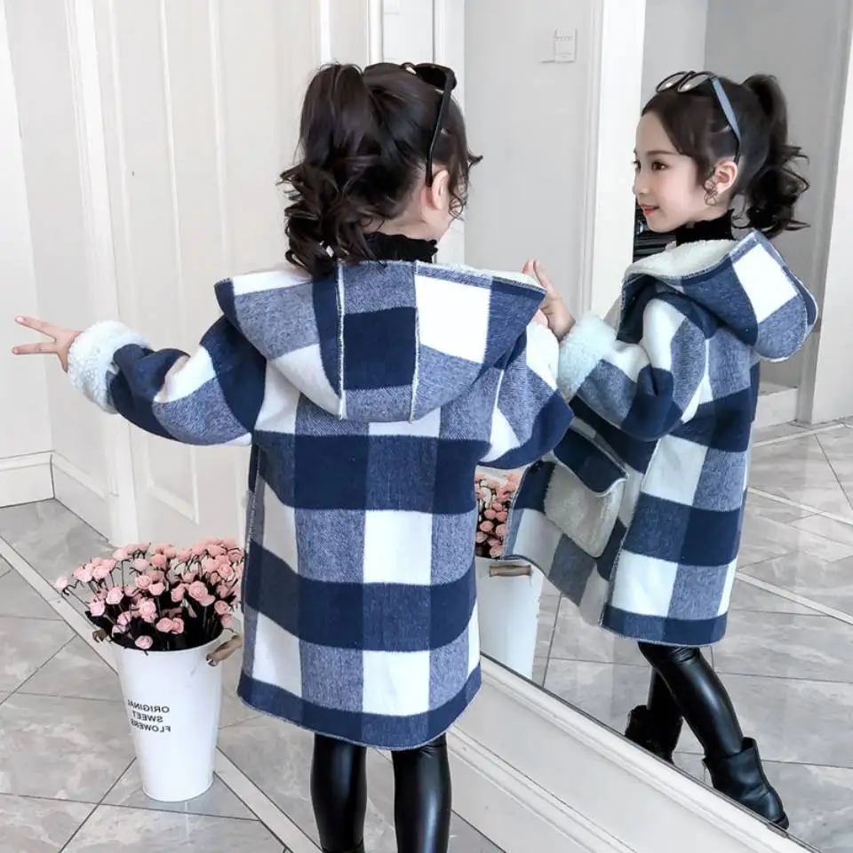 2024 Autumn winter Girls Casual Jackets Hooded Outerwear Fashion Woolen Long Coat Children Clothing Cute Baby Girls 8 10 12 year