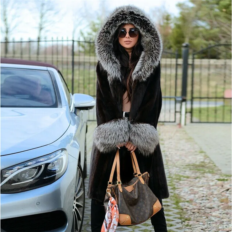 100cm Long Fashion Real Mink Fur Coat With Sliver Fox Trim Of Hood Natural Full Pelt Genuine Mink Fur Jacket  Women Winter Coats