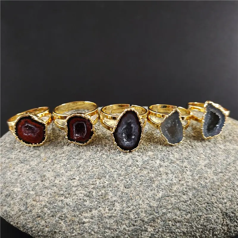 FUWO 5PCS Natural Tabasco Geode Rings With Gold Color Plated Raw Agates Druzy Slice Ring Resizable Size Jewelry Wholesale RG003