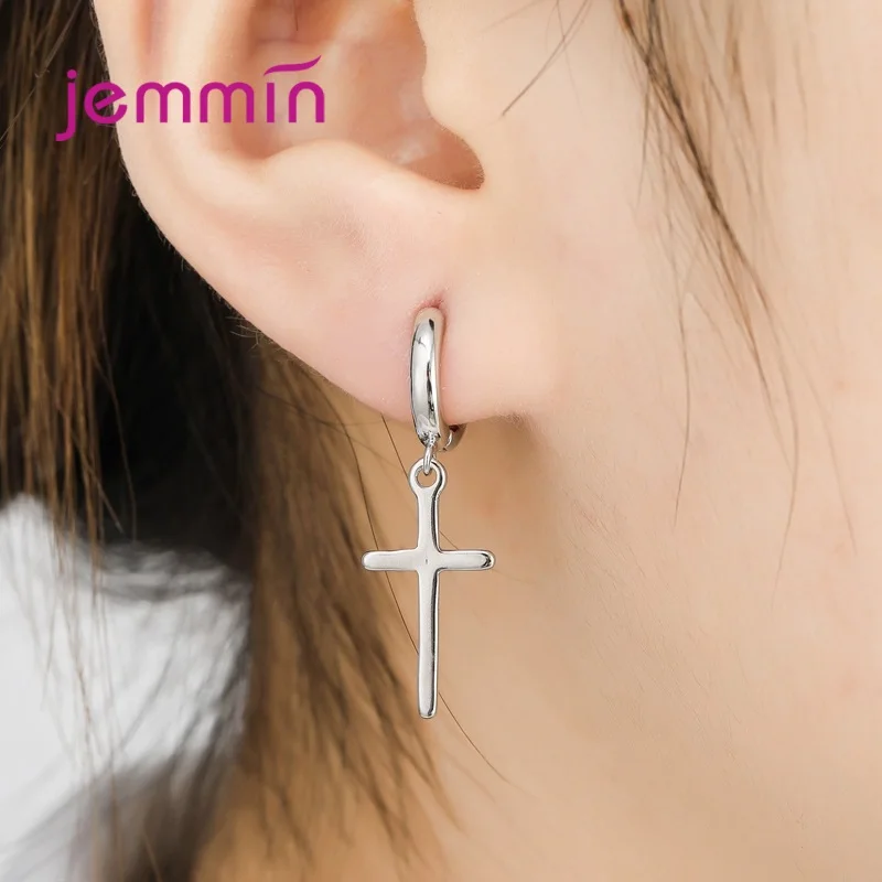 Women Simple 925 Sterling Silver  Piercing Hoop Earrings Simple Sleeper Hanging Cross Earrings Pendants Girls Fine Jewelry