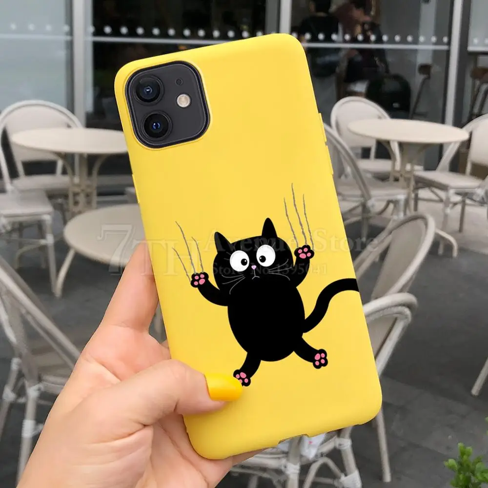 Cartoon TPU Silicone Phone Case for IPhone 12 SE 11 Pro X XS MAX XR 8 7 6s Plus 5 5s Cute Little Black Cat Cases Back Cover