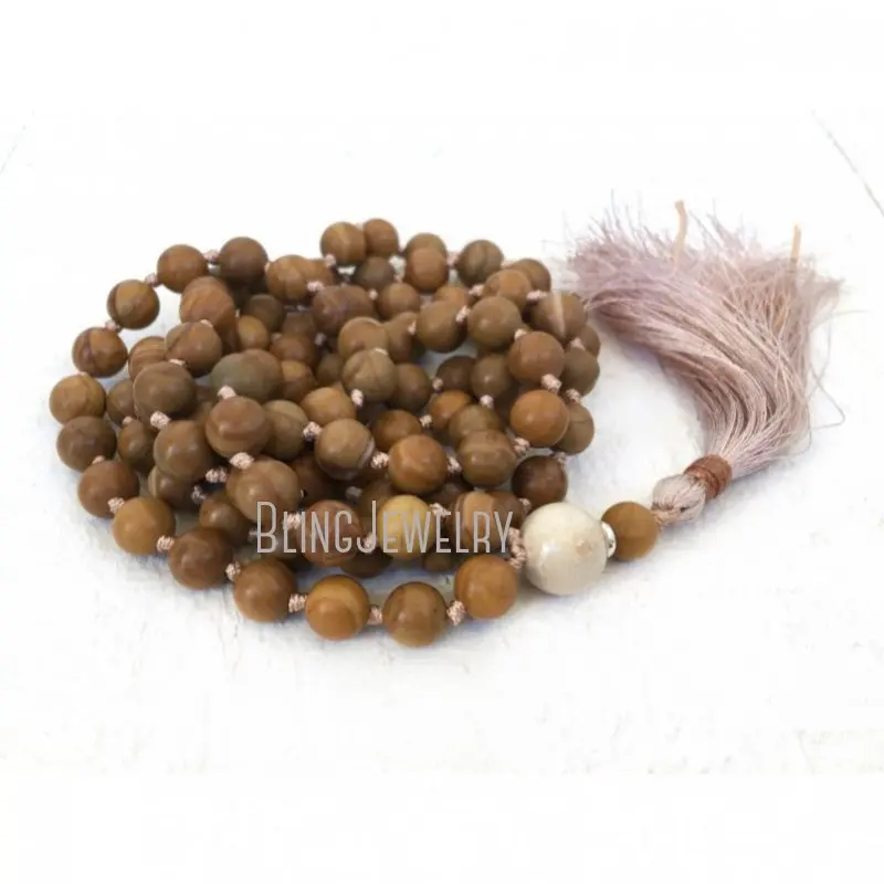 MN21264 Natural Jasper Mala Beads Silk Tassel Long Knotted  River Stone  Yoga Meditation  Bohemian Necklace