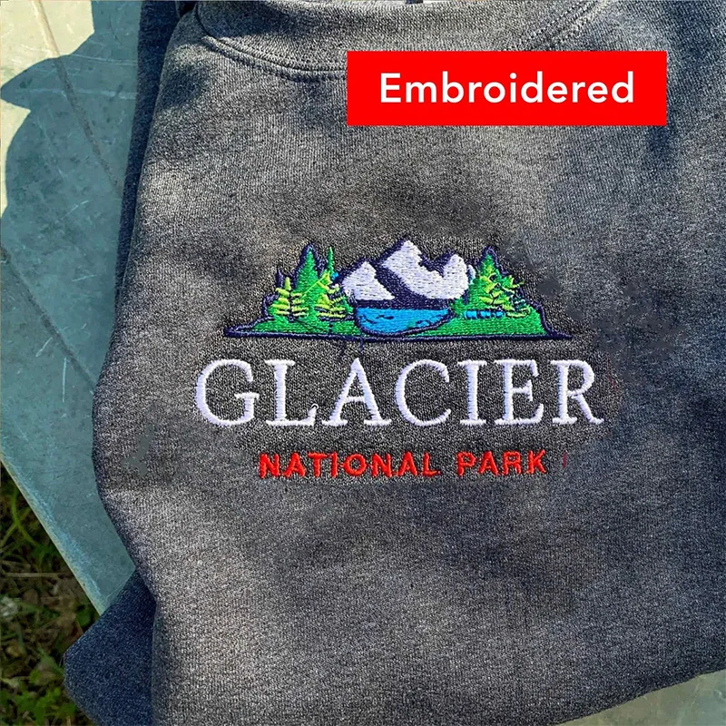 Glacier National Park Embroidery Printing Gray Sweatshirts For Female Loose Vintage Thick Pullover Crewneck Cotton Casual Jumper