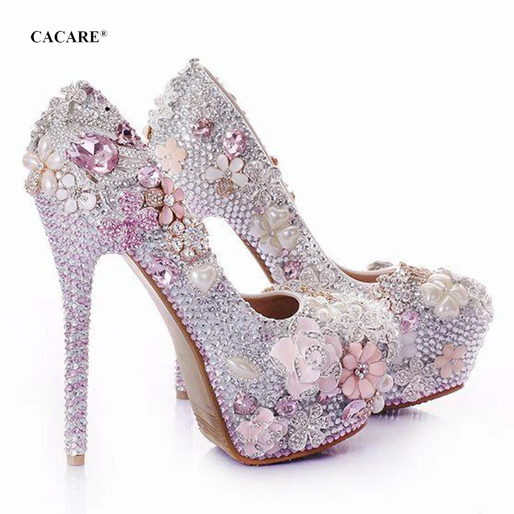 CACARE Luxury Wedding Shoes Pearl Flowers Full Rhinestones Pearl Platform High Heels Customized Bridal Shoes Cinderella F2800