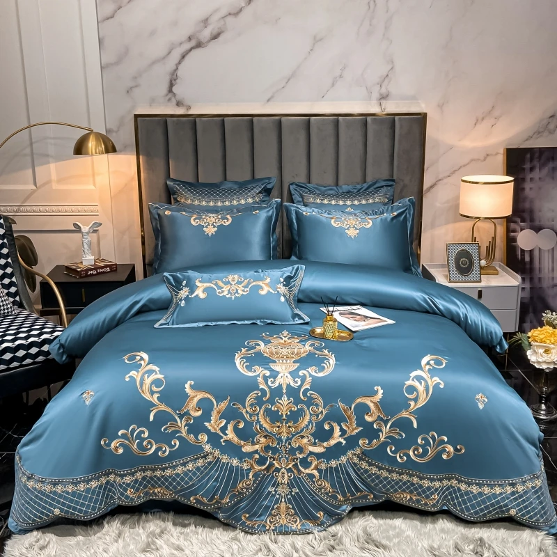 Blue Glossy Bedding Set Luxury Royal Gold Embroidery Satin Cotton Double Duvet Cover Fitted Bed Sheet Pillowcases Home Textile