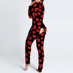 Valentines Day Women Onesie Pajamas Buttoned Butt Flap Jumpsuit Sleepwear Mouth Lips Heart-shaped Printed Adults Onesies Pyjama