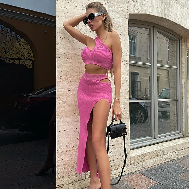 

BKLD Women Clothing 2024 Summer New Solid Color Knitted One Shoulder Crop Top Waist Hollow Split Midi Skirts Sexy Two Piece Set