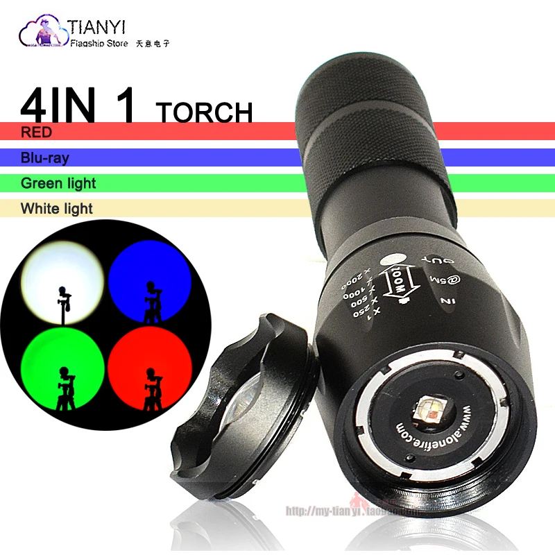 Multifunctional telescopic zoom four-in-one RGB red light green light blue light white light tactical hand shadow show TORCH