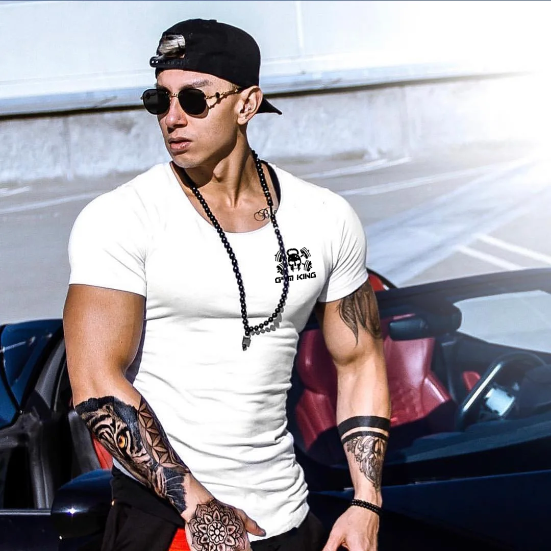 Men Tshirt Summer Patchwork Curved Hem T-shirt Men Fitness Workout Casual Streetwear