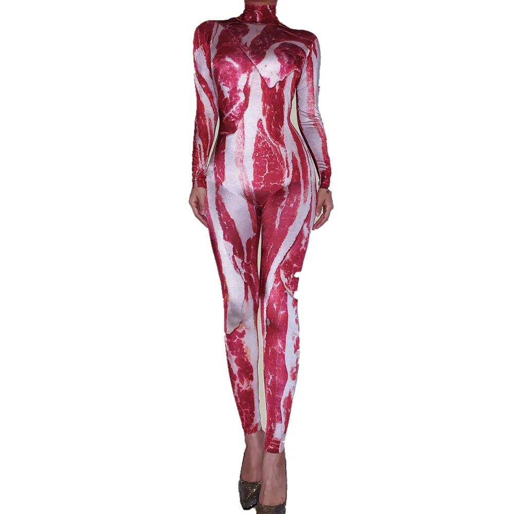 Sexy Halloween Meat Print Cosplay Jumpsuit Nightclub Party Stretch Rompers Dancer Bodysuit Stage Performance Costumes Wuhuarou