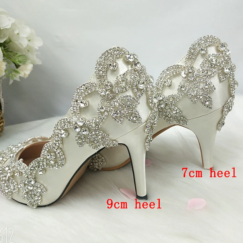 BaoYaFang Ivory Crystal Wedding shoes women high heels Pointed Toe Bridal party dress shoes woman 9cm Thin High Pumps Female