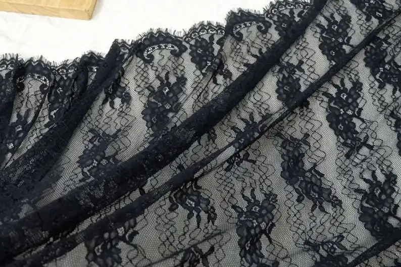 

Black/Off White Chantilly Lace Fabric With Double Eyelash 59" Width 3 Yards Long