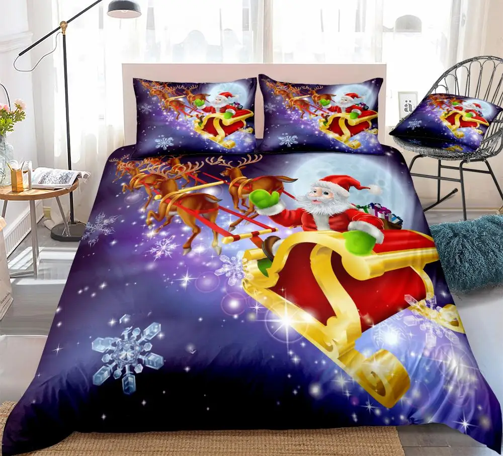 Cartoon Christmas Duvet Cover Set Santa Claus Flying in Sled Night Sky with Moon Bed Set Purple Bedding Kids 3pcs King Dropship