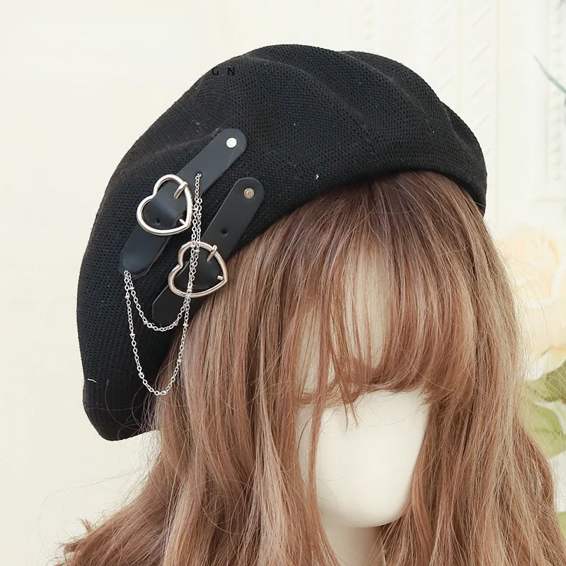 

Gothic Lolita Black Punk Beret Harajuku Women Girls Summer Breathable Heart Buckle Beanie JK Hat Accessories