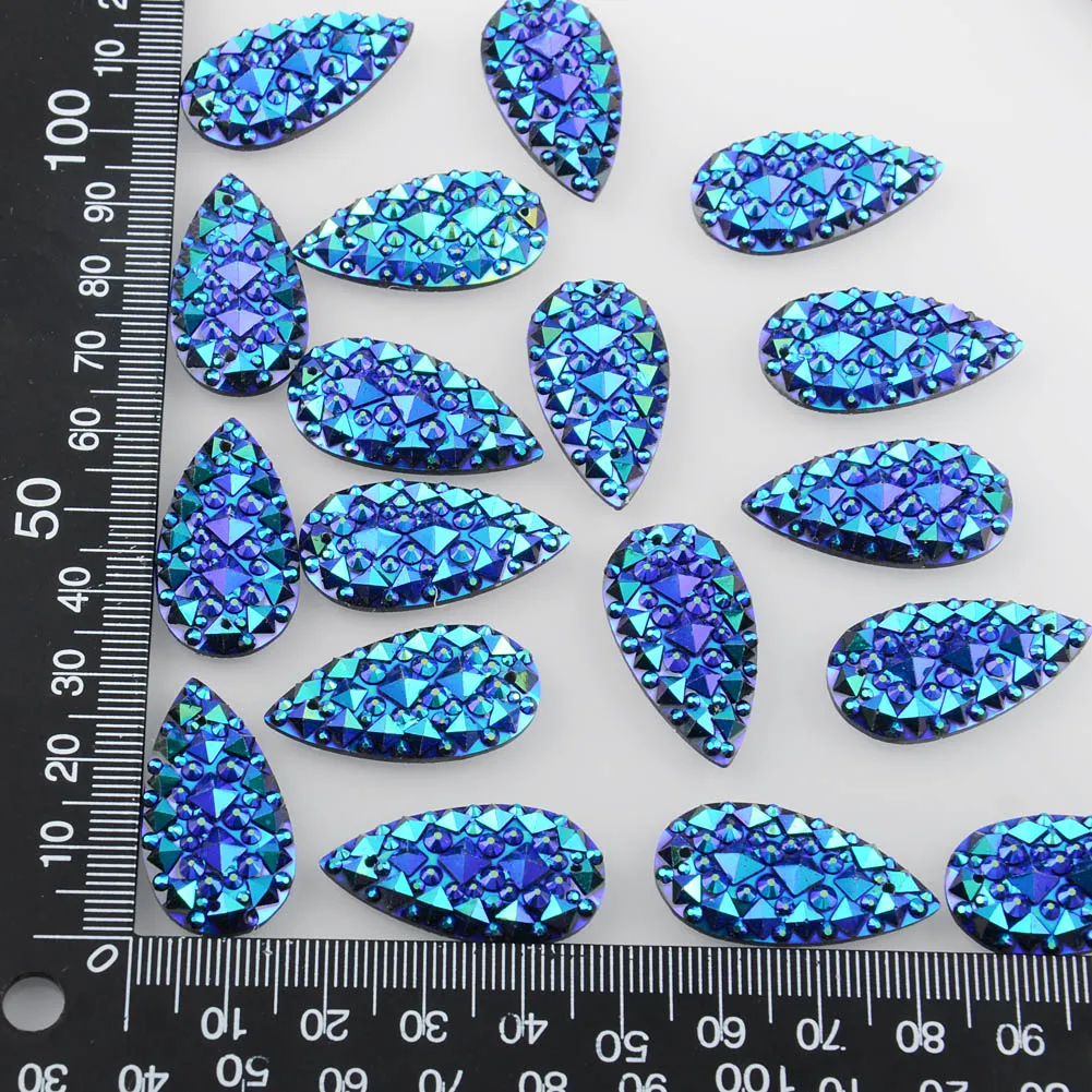 BOLIAO 10Pcs 16*30mm (0.63*1.18 in) AB Crystal Drop Dark Blue Rhinestones Flatback Resin Sew On Clothes/Home Holiday Decoration